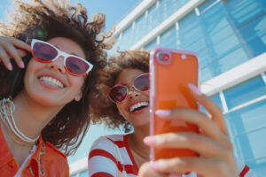 Duas mulheres de óculos de sol tirando selfies no smartphone