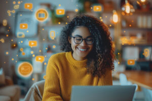 imagem de IA de uma mulher negra com um suéter amarelo e usando o laptop