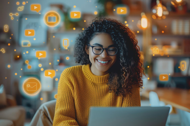 imagem de IA de uma mulher negra com um suéter amarelo e usando o laptop