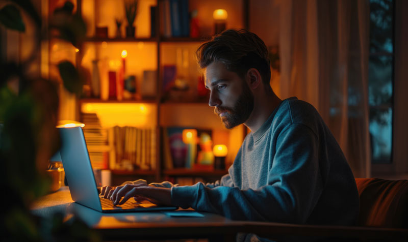 Vista lateral de um homem barbudo utilizando o laptop dentro de casa. Iluminação meia luz.