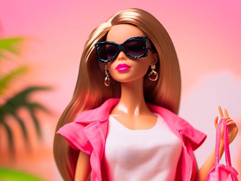 Boneca Barbie com óculos de sol preto e com roupas nas cores rosa.