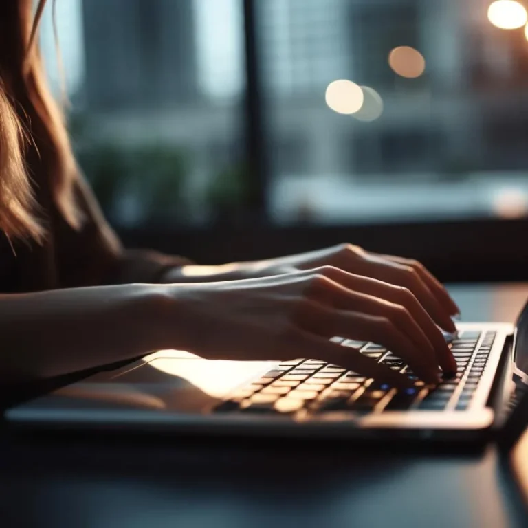 Jovem mulher digitando no laptop no escritório gerado por ia