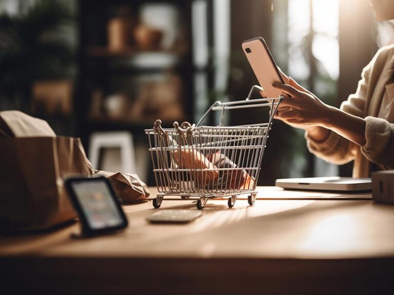 Carrinho de compras em miniatura sobre uma mesa com um mulher usando um smartphone