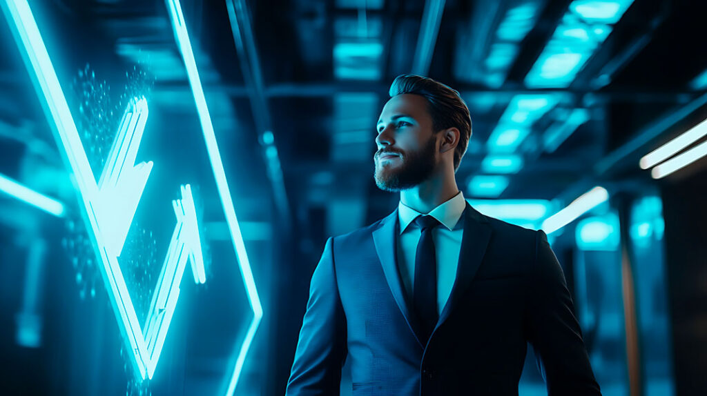 Empresario homem, caucasiano, inteligente e confiante. Em um fundo abstrato de tecnologia na cor azul.