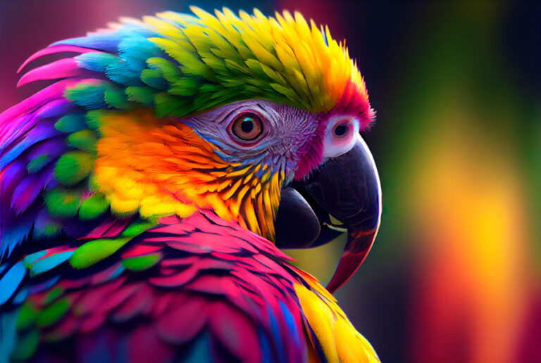 Papagaio de lado, multicolorido com fundo desfocado e também multicolorido.